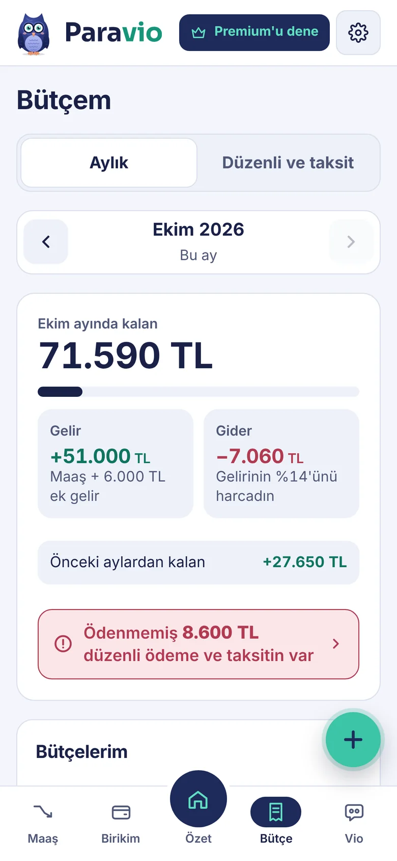 Bütçem ekranı: bu ay kalan para, gelir, gider ve bütçe sınırları