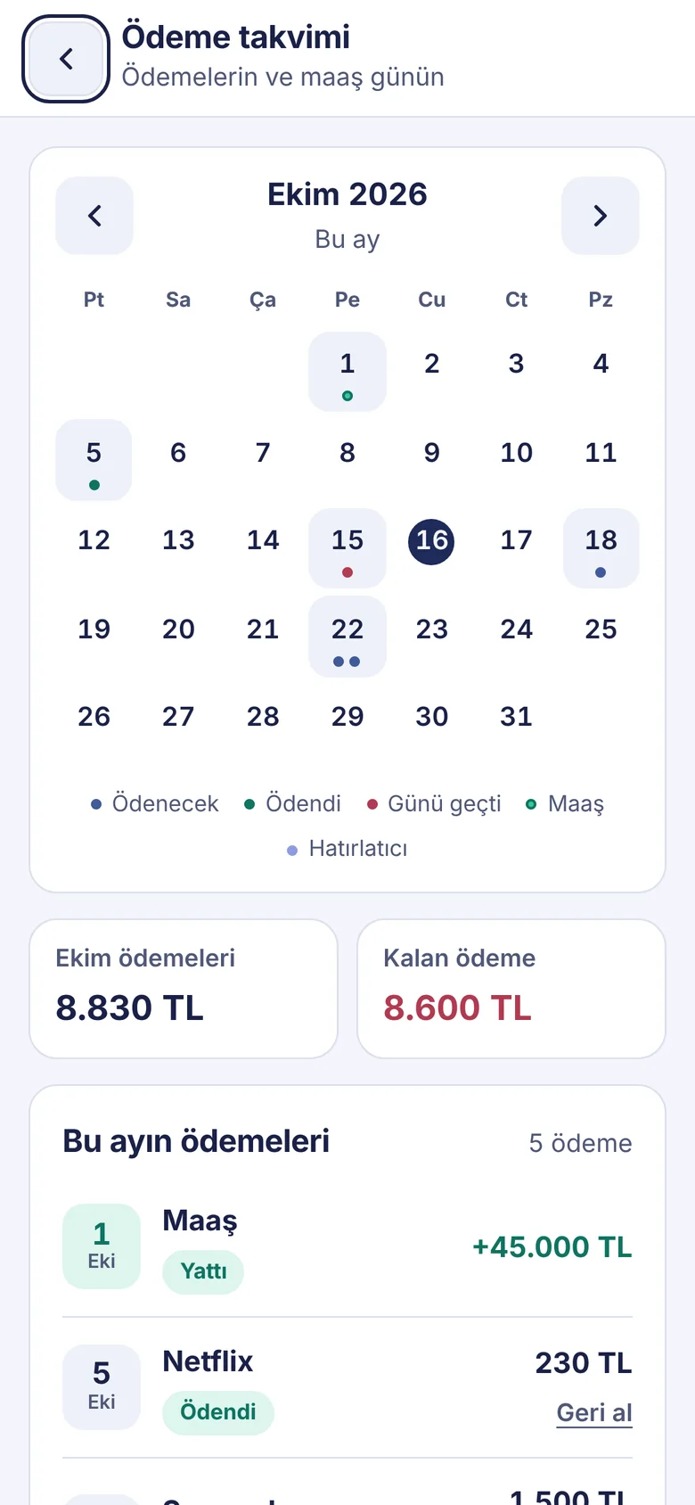 Ödeme takvimi: ödeme günleri işaretli aylık takvim